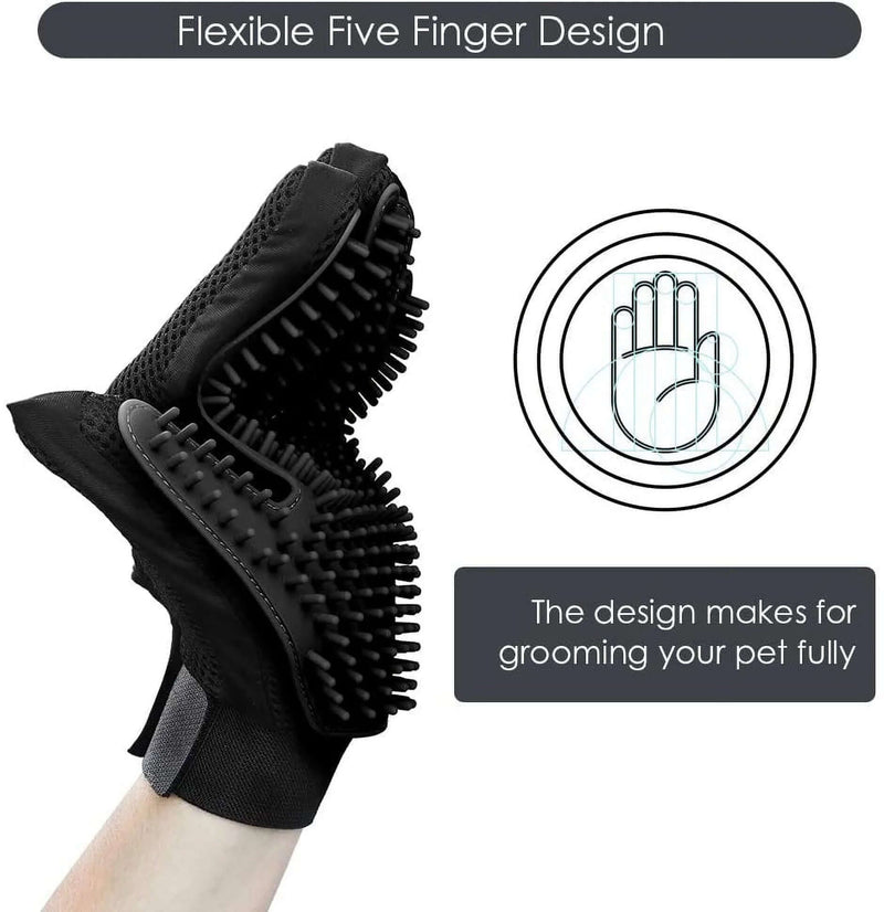 Upgrade Version Pet Grooming Glove - Gentle Deshedding Brush Glove - Efficient Pet Hair Remover Mitt - Enhanced Five Finger Design - Perfect for Dog & Cat with Long & Short Fur - 1 Pair (Black)